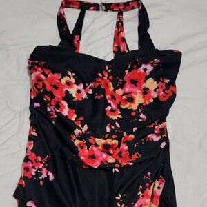 Womans Black Flowered One Piece - Size XL